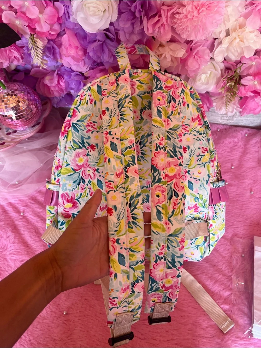 Floral Print Backpack with Pink Ribbon Trim